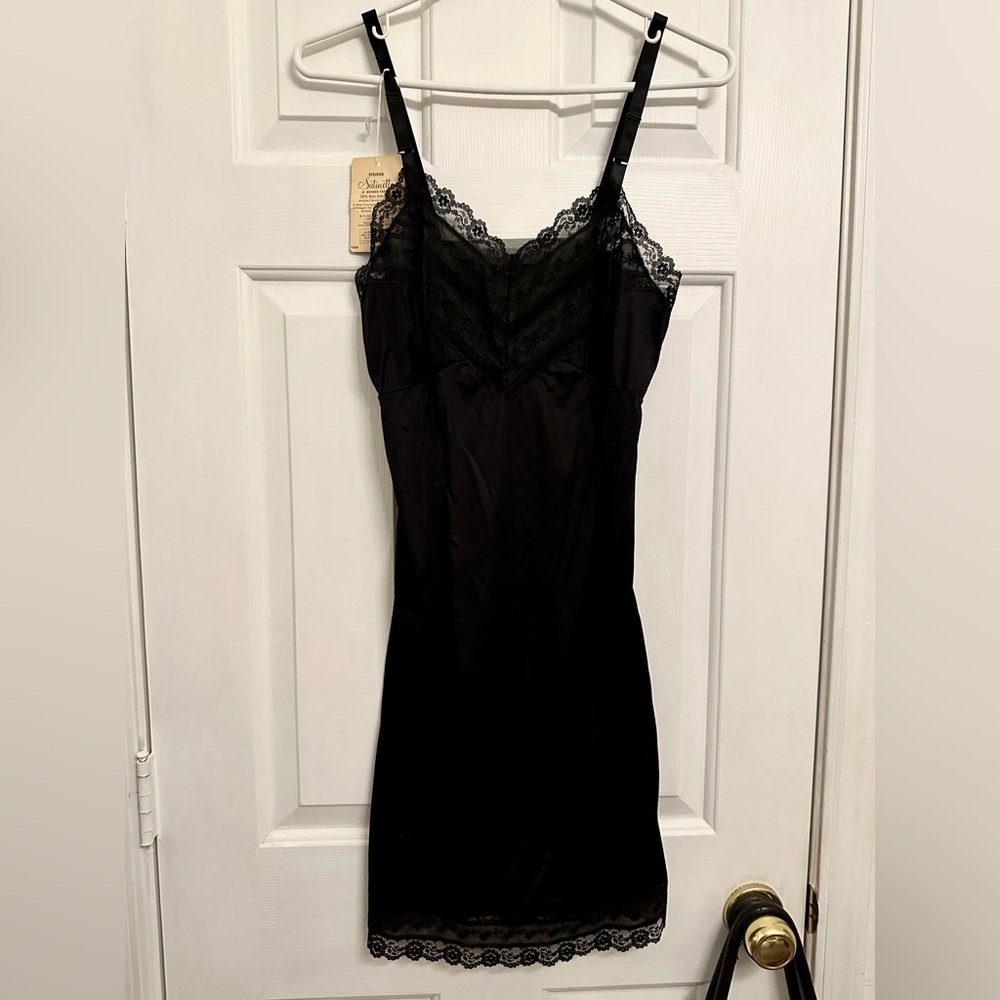 Vintage Black Slip Dress Steven’s Satinette Lace Sheer Satin Nylon Women’s